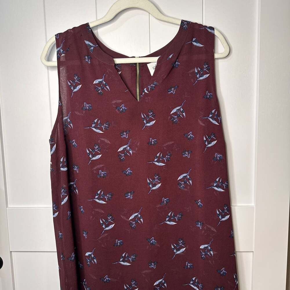 Cabi Sleeveless Chiffon Blouse, Burgundy Floral Print, XL Gold Zipper V-Neck